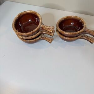 HULL BROWN DRIP BOWLS Soup Handle USA Mid Century Vtg lot of 5
